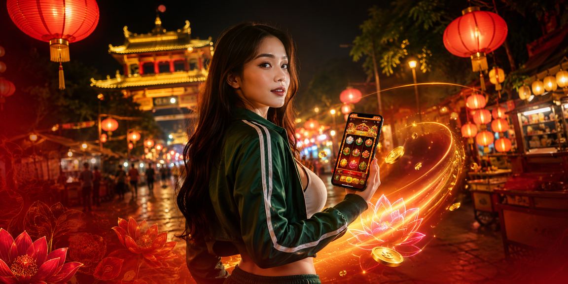 Khung cảnh chợ đêm Huế với người dùng theo dõi kết quả game jackpot trên điện thoại